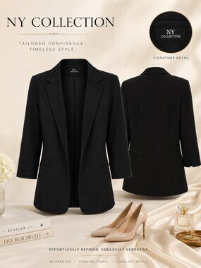 NY Collection Petite Black Open Front 3/4 Sleeve Blazer PM NWT